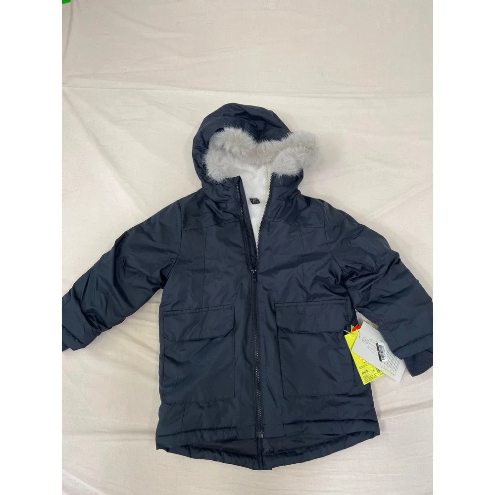 All in Motion Boys XS Winter Parka Jacket Navy Blue Sherpa Lined Faux Fur Hood